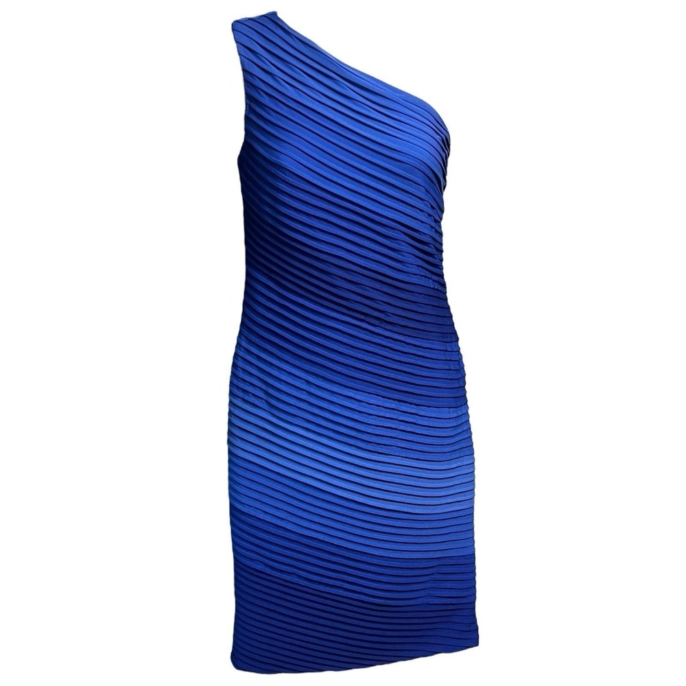 Tadashi Shoji One Shoulder Dress M Blue Pleated Sheath Cocktail Wedding Guest - Picture 2 of 10
